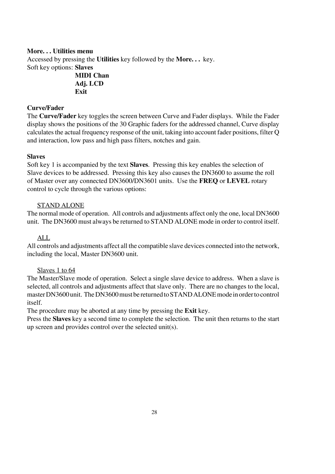 Telex DN3600C service manual More. . . Utilities menu, Midi Chan Adj. LCD Exit Curve/Fader, Slaves 