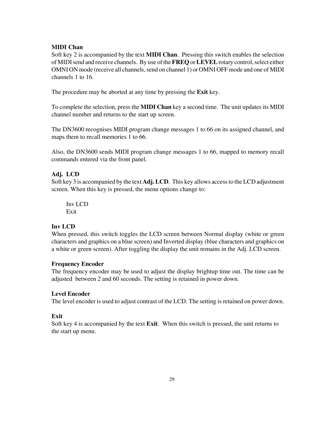 Telex DN3600C service manual Midi Chan, Inv LCD, Frequency Encoder, Level Encoder 