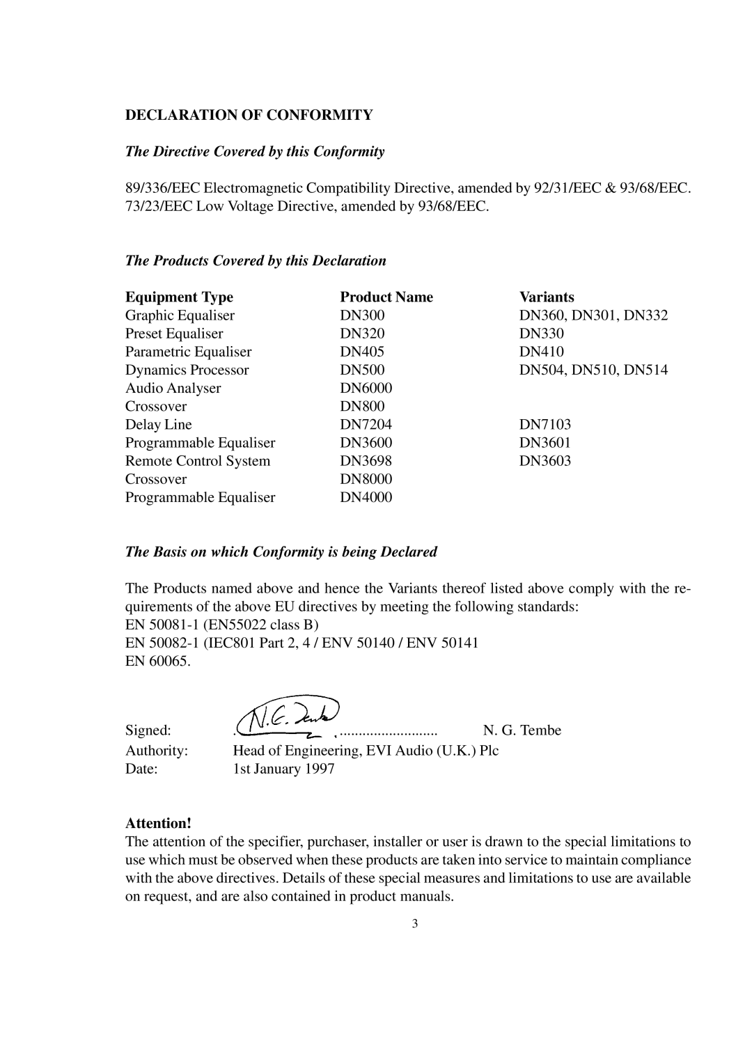 Telex DN3600C service manual Directive Covered by this Conformity, Equipment Type Product Name Variants 