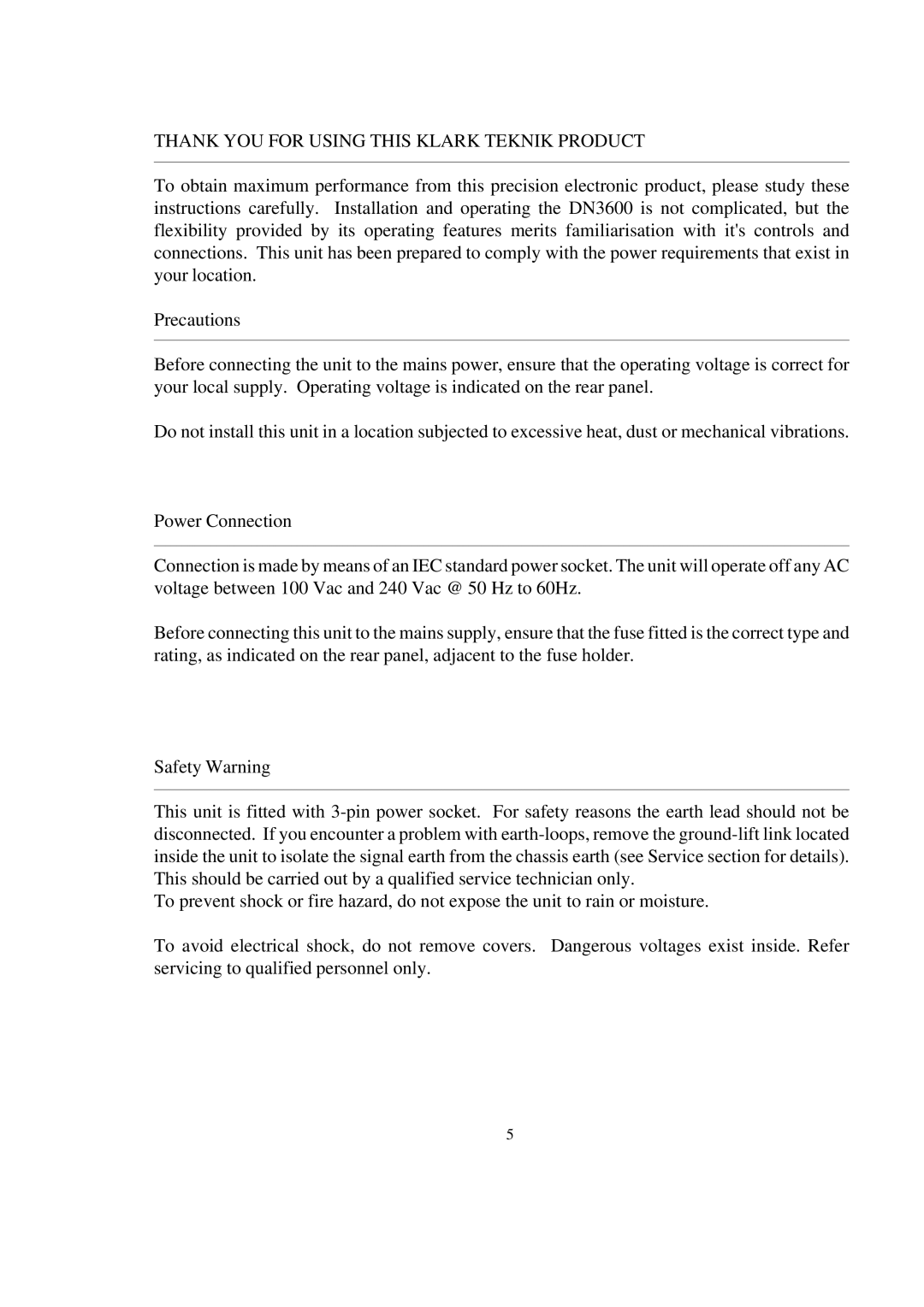 Telex DN3600C service manual Thank YOU for Using this Klark Teknik Product 