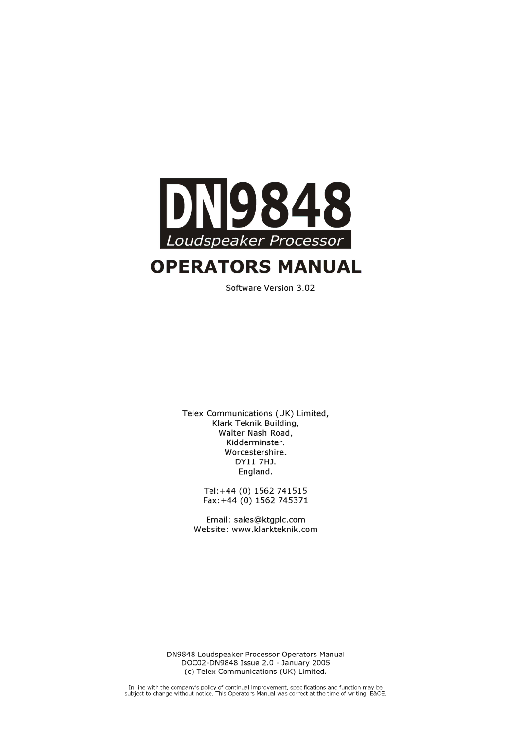 Telex DN9848 Loudspeaker Processor, DOC02-DN9848 specifications 