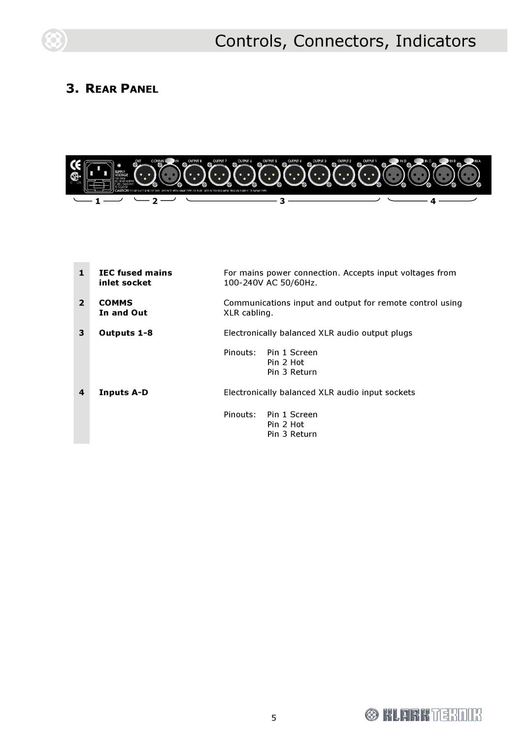 Telex DN9848 Loudspeaker Processor, DOC02-DN9848 specifications Rear Panel 