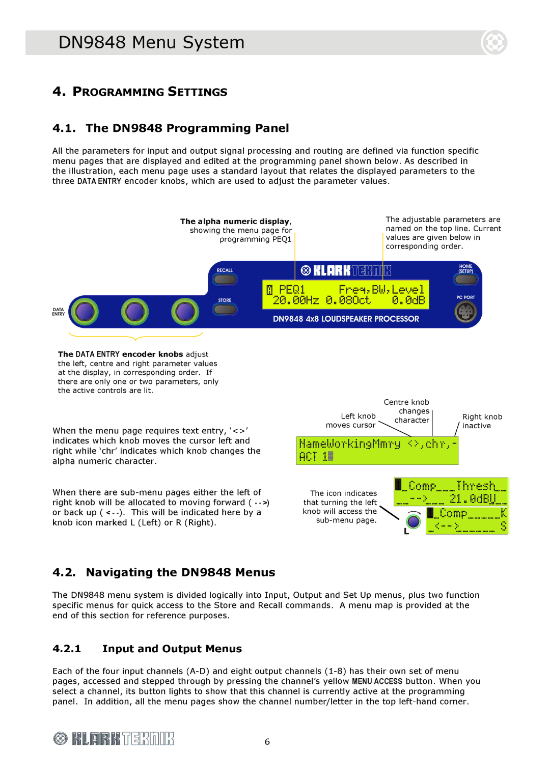 Telex DOC02-DN9848 DN9848 Menu System, DN9848 Programming Panel, Navigating the DN9848 Menus, Programming Settings 