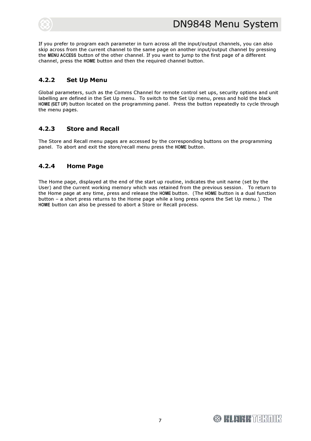 Telex DN9848 Loudspeaker Processor, DOC02-DN9848 specifications Set Up Menu, Store and Recall, Home 