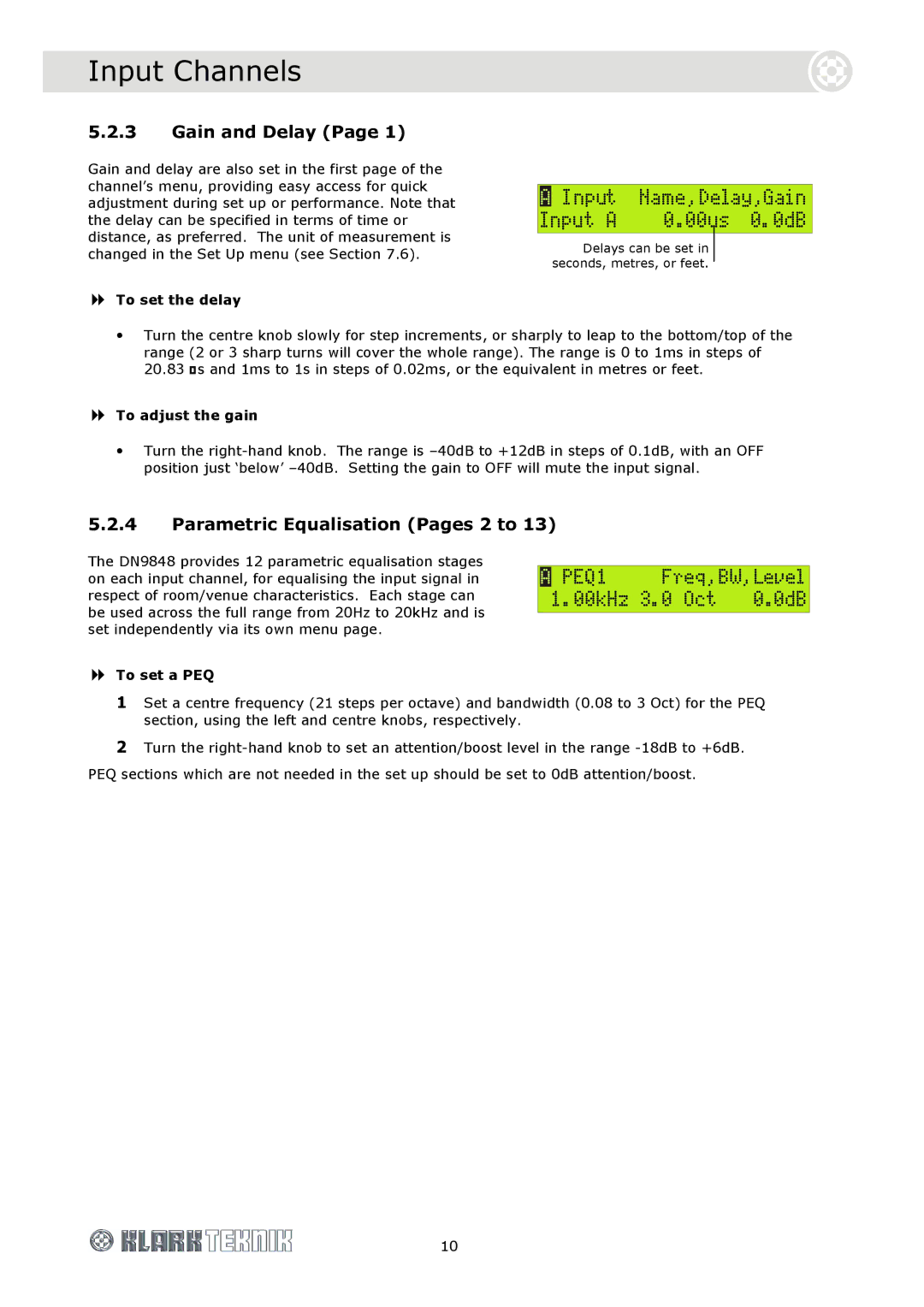 Telex DOC02-DN9848 Gain and Delay, Parametric Equalisation Pages 2 to, To set the delay, To adjust the gain, To set a PEQ 