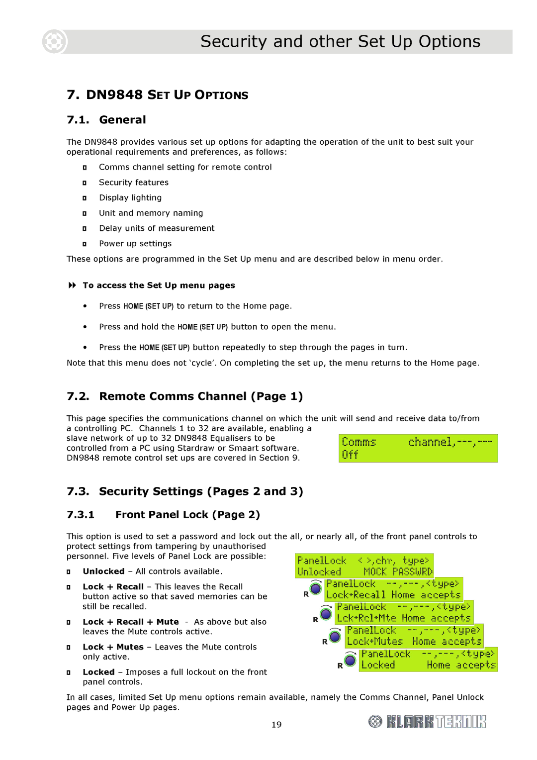 Telex DN9848 Loudspeaker Processor Security and other Set Up Options, General, Remote Comms Channel, Front Panel Lock 