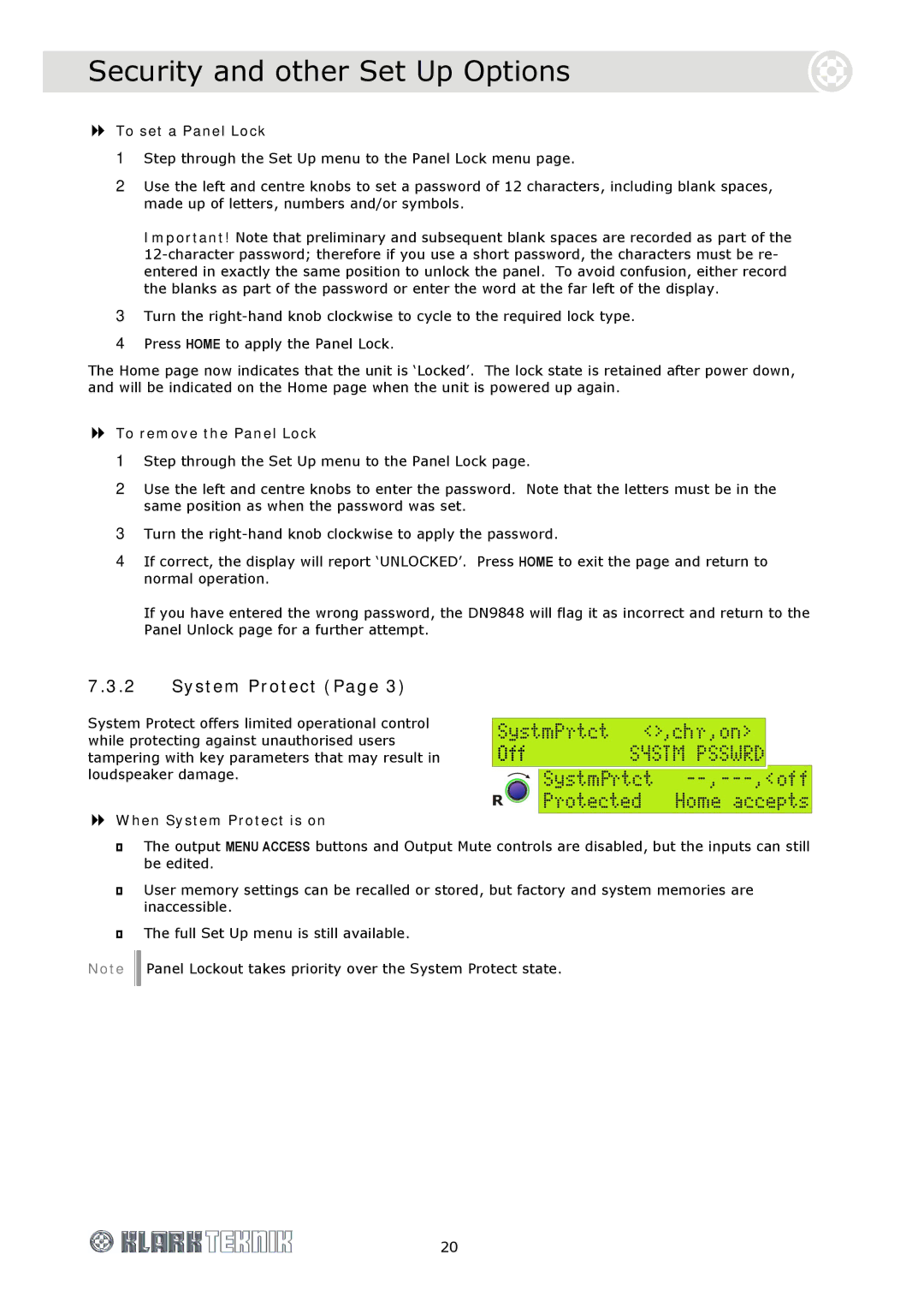 Telex DOC02-DN9848 specifications To set a Panel Lock, To remove the Panel Lock, When System Protect is on 