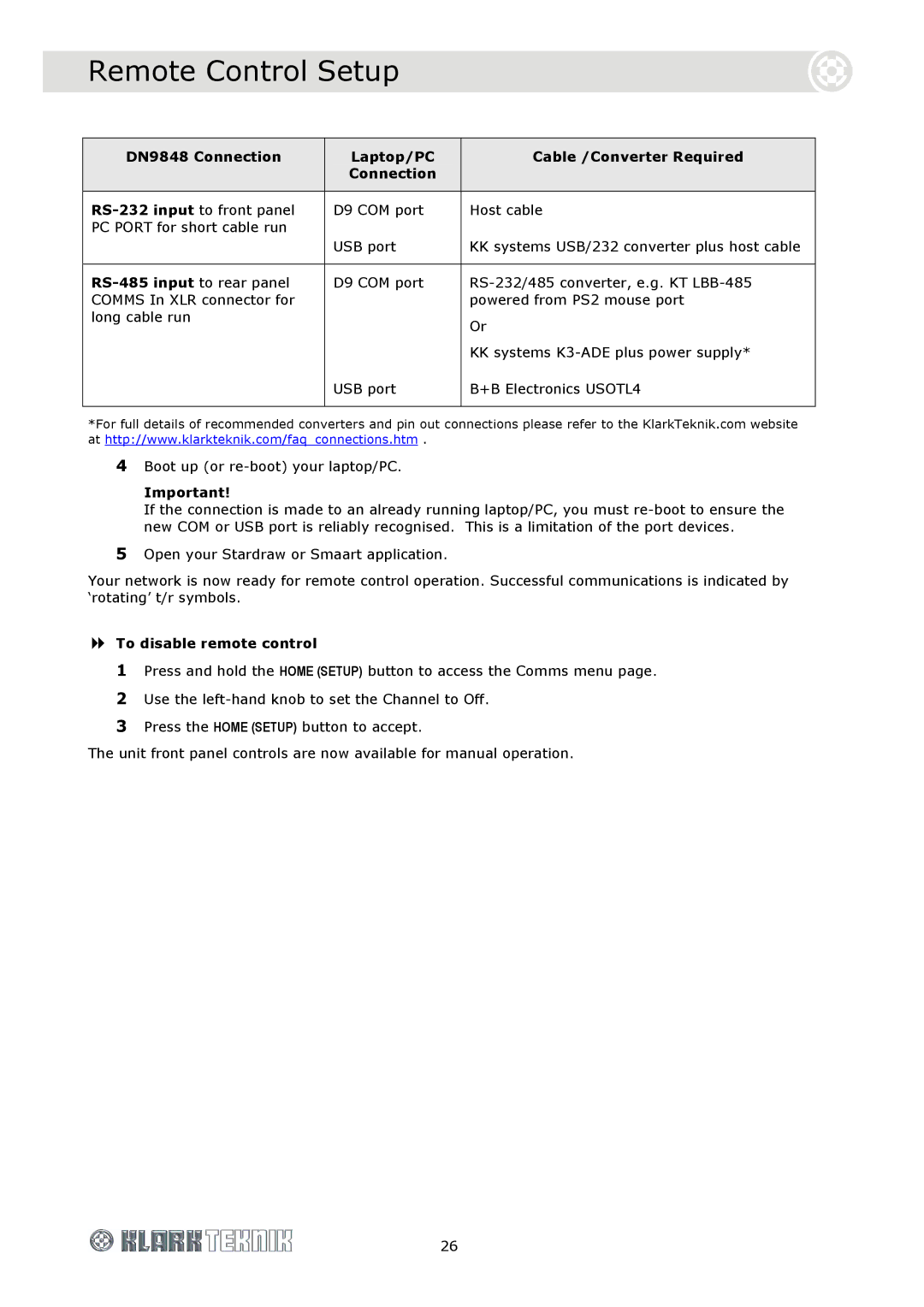 Telex DOC02-DN9848 specifications DN9848 Connection Laptop/PC Cable /Converter Required, RS-485 input to rear panel 