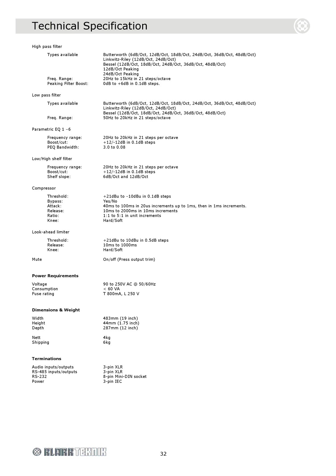 Telex DOC02-DN9848, DN9848 Loudspeaker Processor specifications Power Requirements 