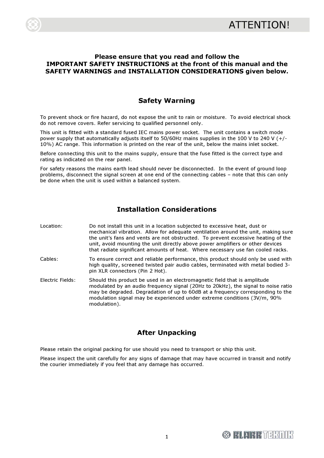 Telex DN9848 Loudspeaker Processor, DOC02-DN9848 specifications Safety Warning, Installation Considerations, After Unpacking 