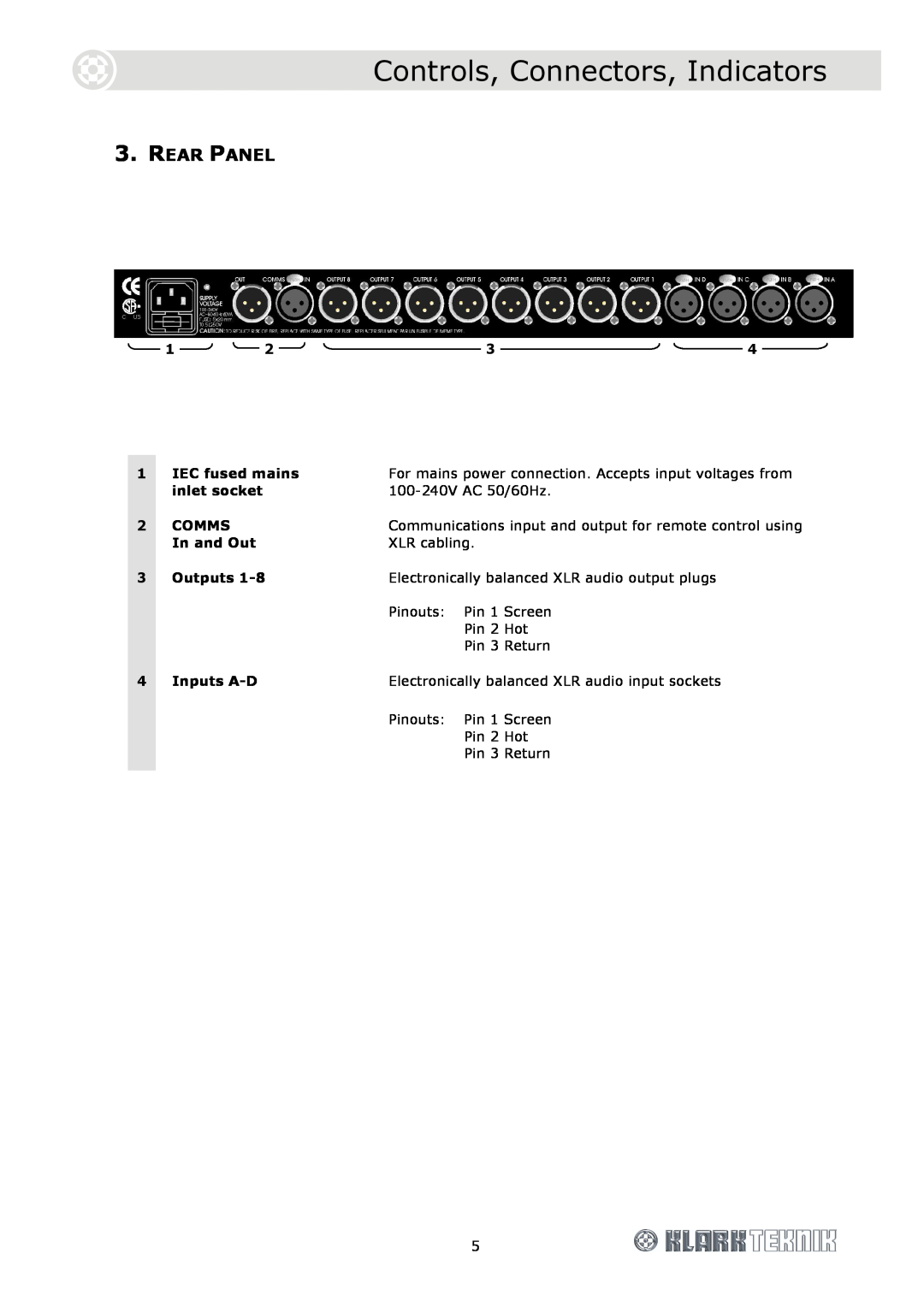 Telex DN9848 Loudspeaker Processor Rear Panel, Controls, Connectors, Indicators, IEC fused mains, inlet socket, Comms 