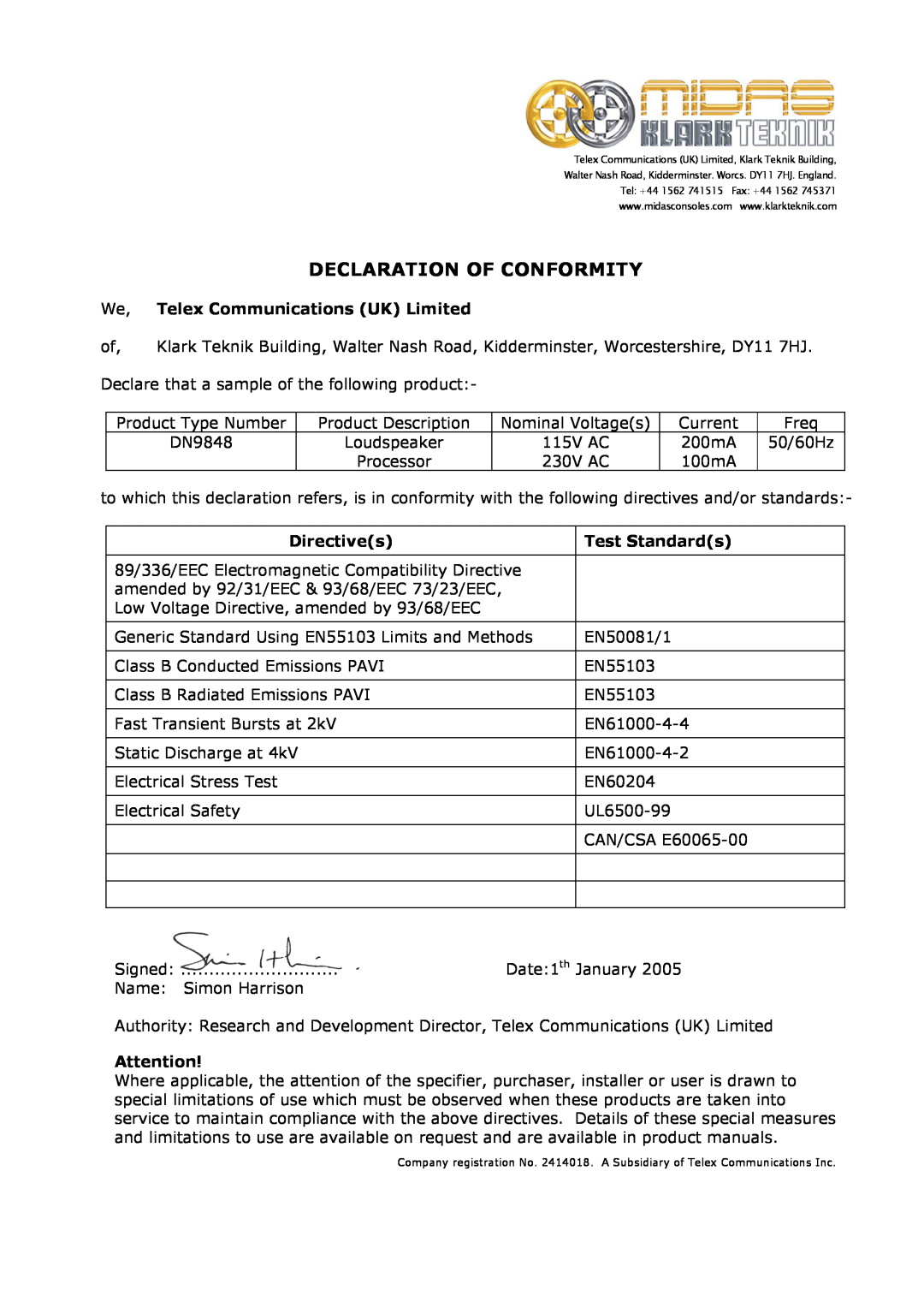 Telex DN9848 Loudspeaker Processor Declaration Of Conformity, We, Telex Communications UK Limited, Directives 