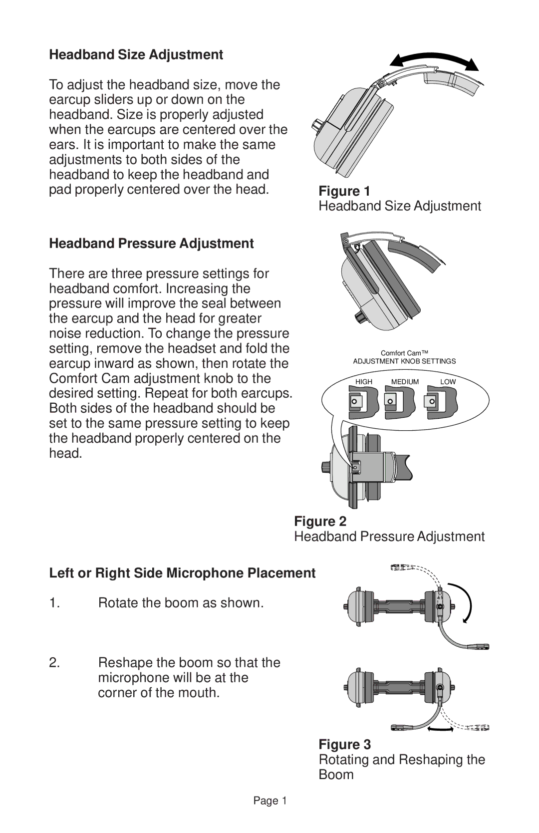 Telex Echelon 25XT manual Headband Size Adjustment, Headband Pressure Adjustment, Left or Right Side Microphone Placement 