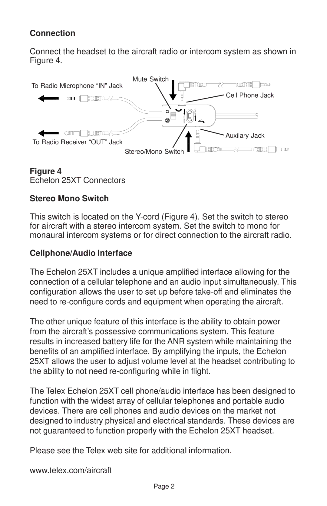 Telex Echelon 25XT manual Connection, Stereo Mono Switch, Cellphone/Audio Interface 