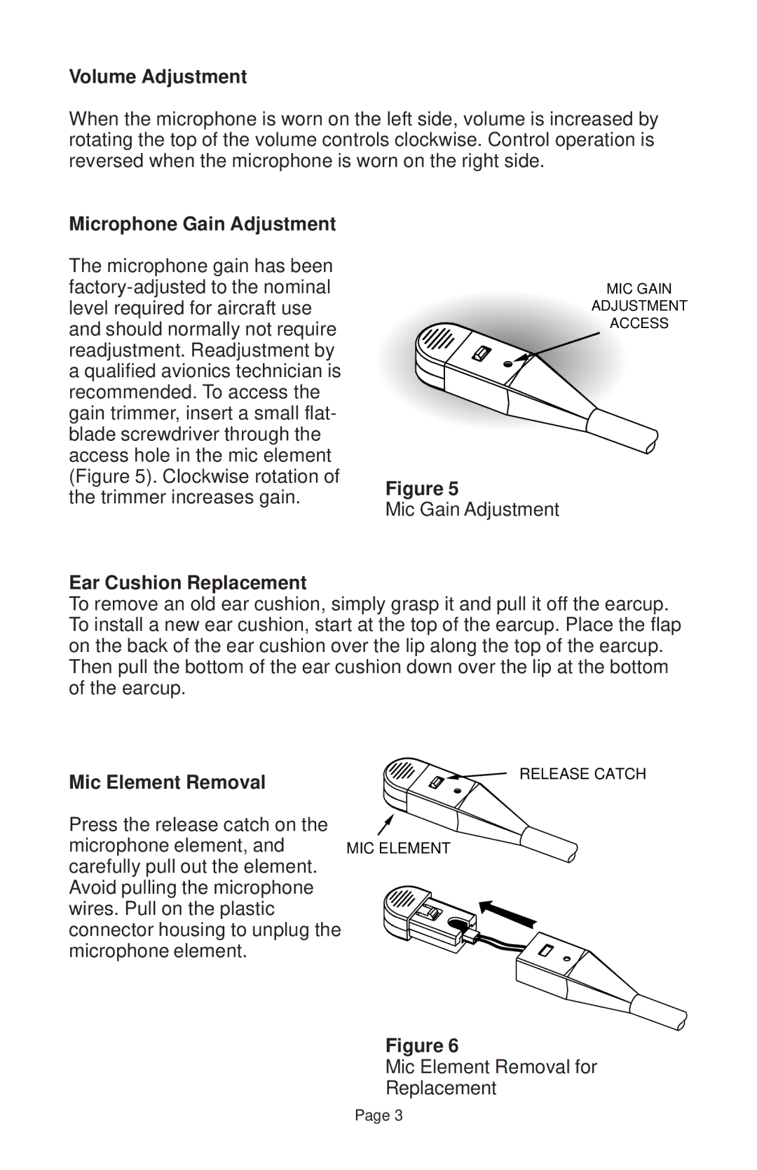 Telex Echelon 25XT manual Volume Adjustment, Microphone Gain Adjustment, Ear Cushion Replacement, Mic Element Removal 