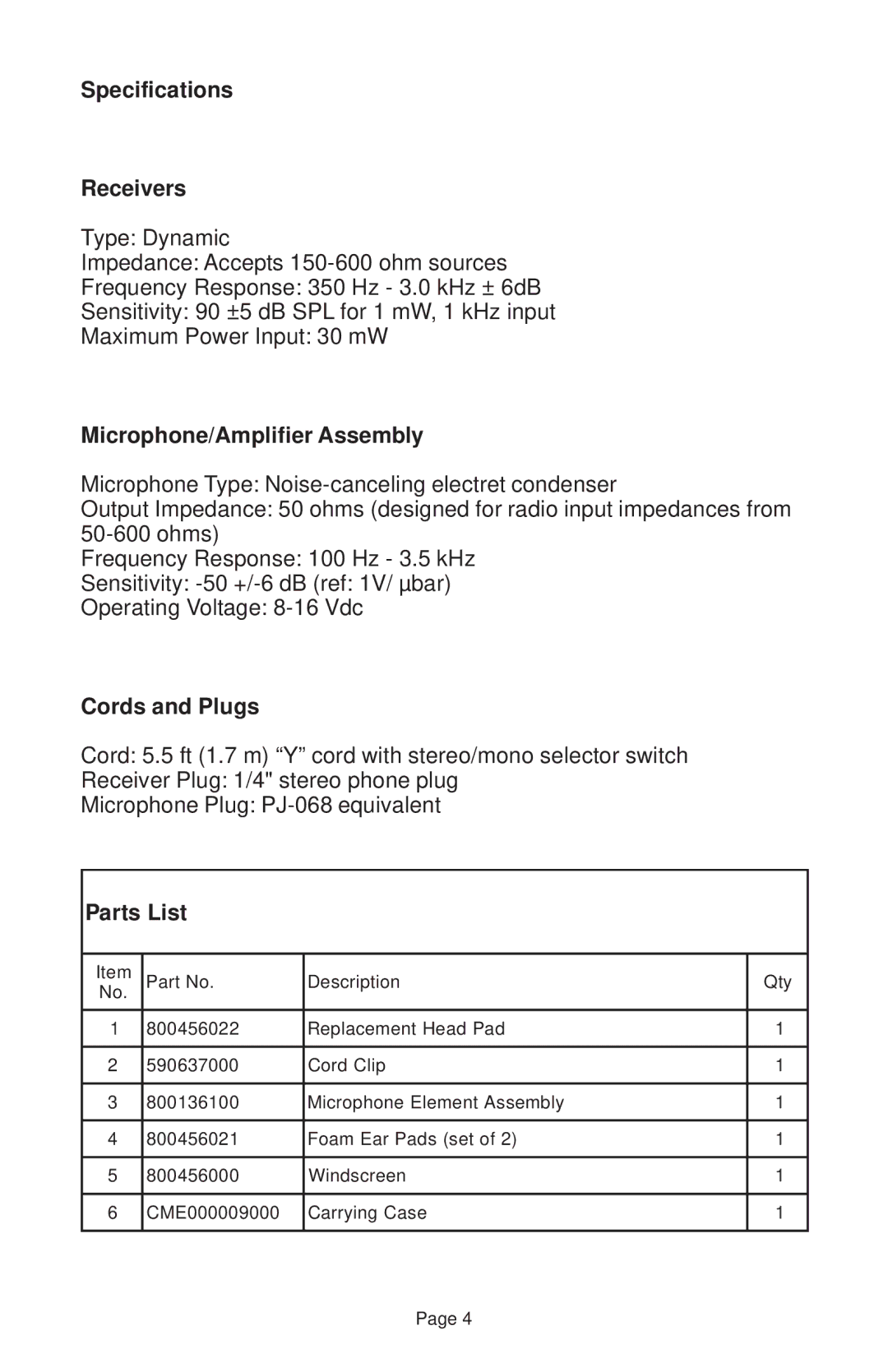 Telex Echelon 25XT manual Specifications Receivers, Microphone/Amplifier Assembly, Cords and Plugs, Parts List 