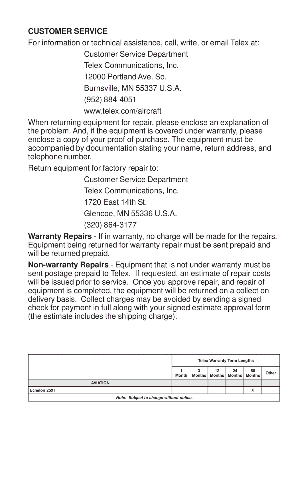 Telex Echelon 25XT manual Customer Service 