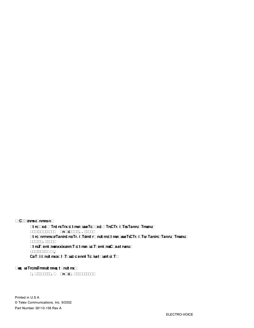 Telex ELECTRO-VOICE X-Line TM manual Telex Communications, Inc /2002 Part Number 38110-158 Rev a 