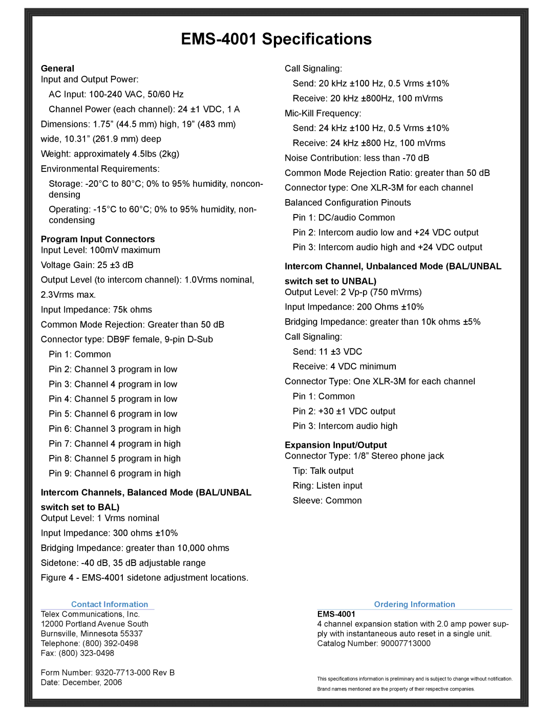 Telex EMS-4001 Specifications, General, Program Input Connectors Input Level 100mV maximum, Expansion Input/Output 