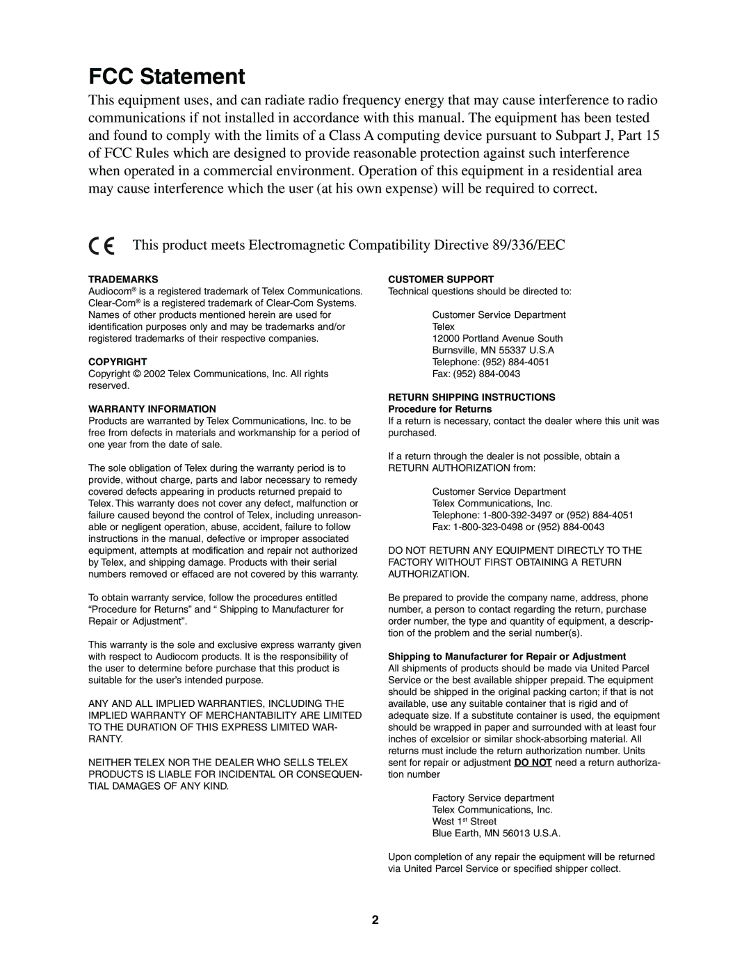 Telex EMS-4001 manual FCC Statement, Trademarks 