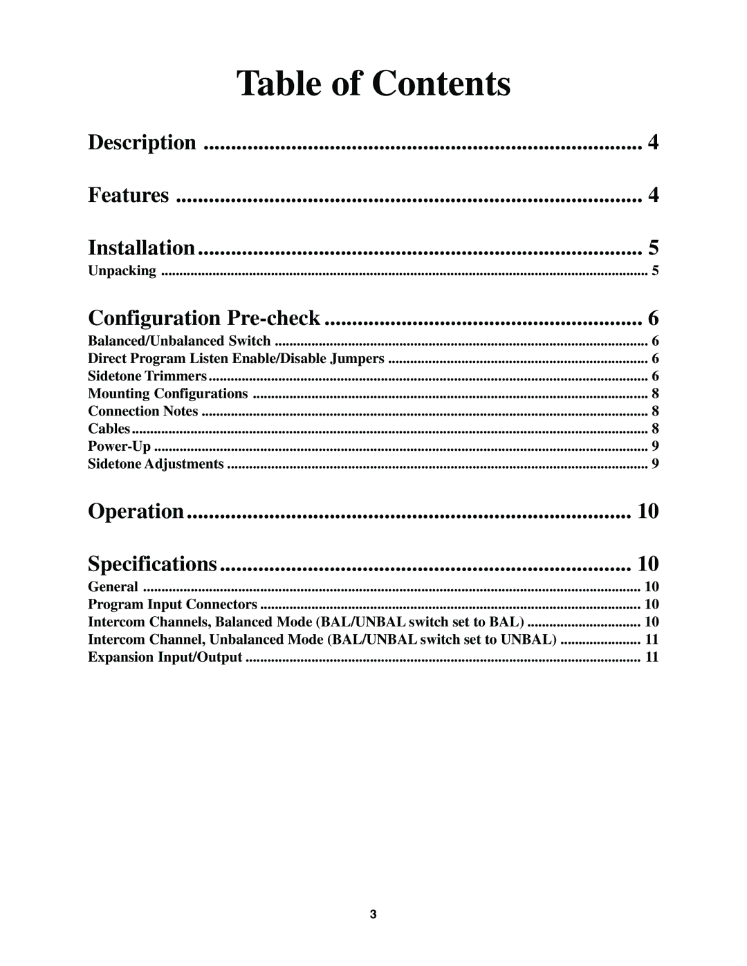 Telex EMS-4001 manual Table of Contents 