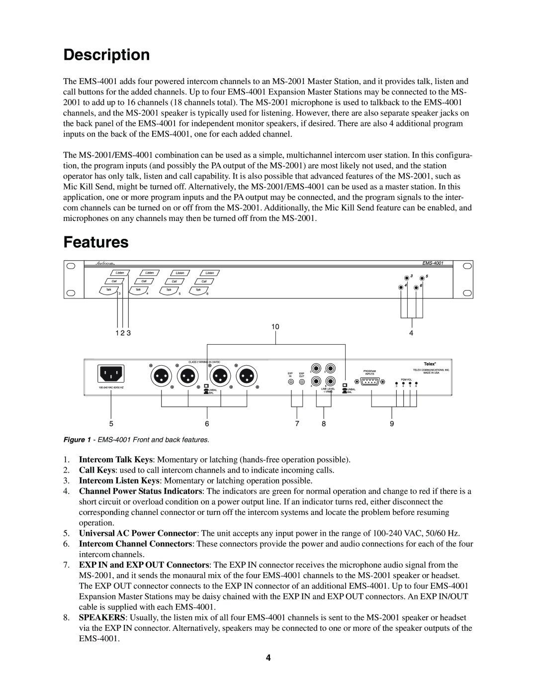 Telex EMS-4001 manual Description, Features 