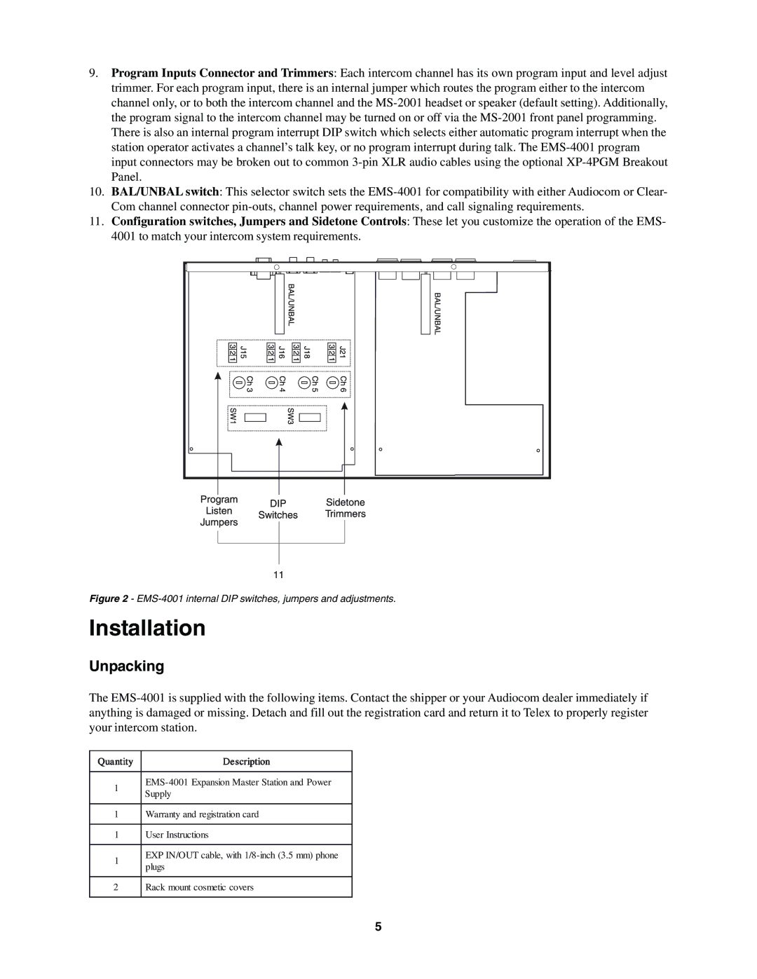 Telex EMS-4001 manual Installation, Unpacking 