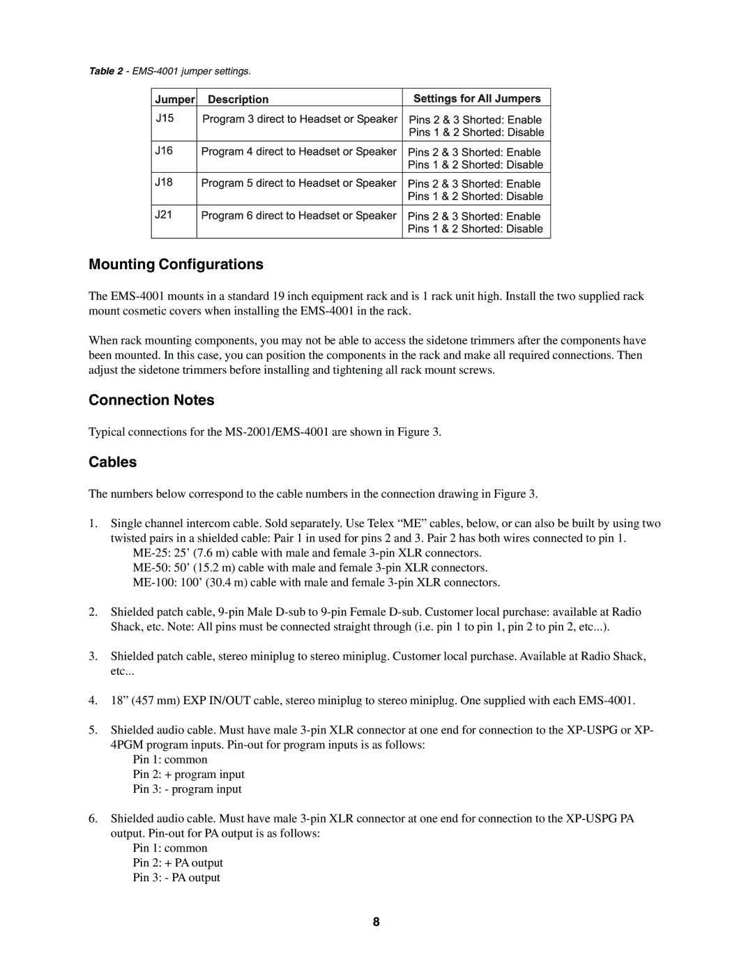 Telex EMS-4001 manual Mounting Configurations, Connection Notes, Cables 