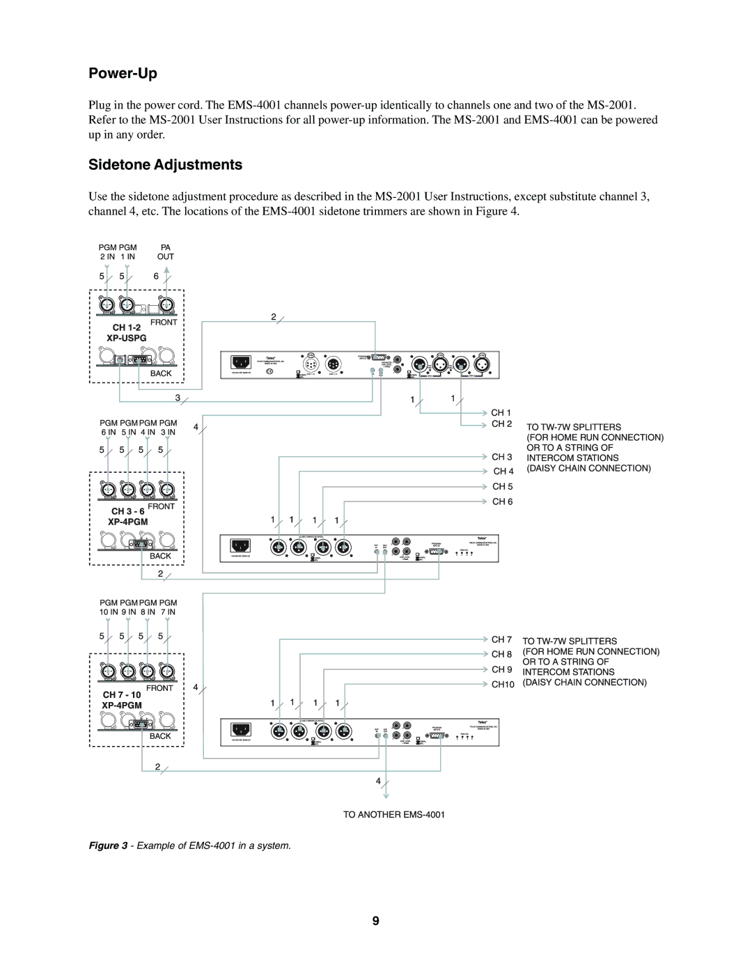 Telex EMS-4001 manual Power-Up, Sidetone Adjustments 