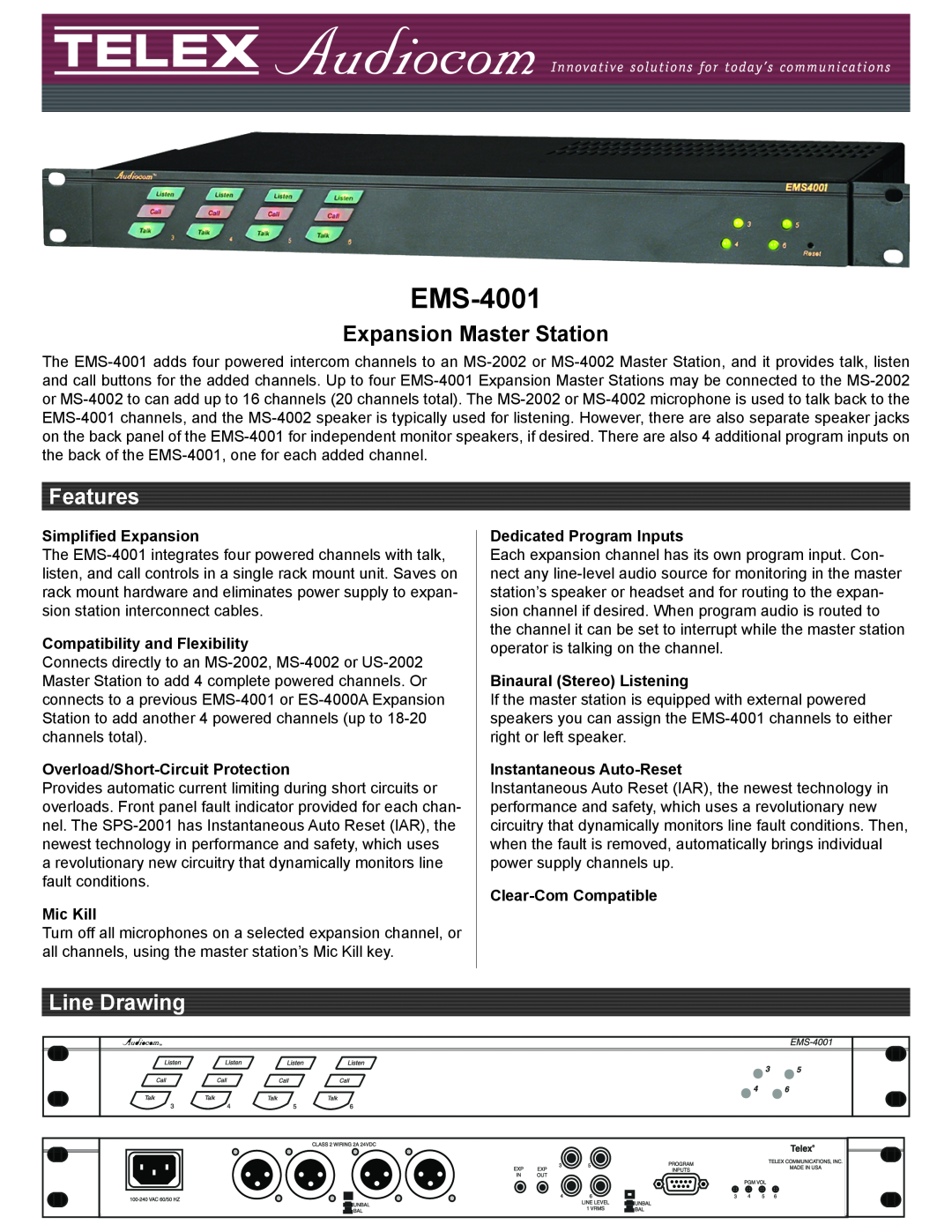 Telex manual Model EMS-4001Expansion Master Station, Audiocom Intercom Systems, User Instructions 