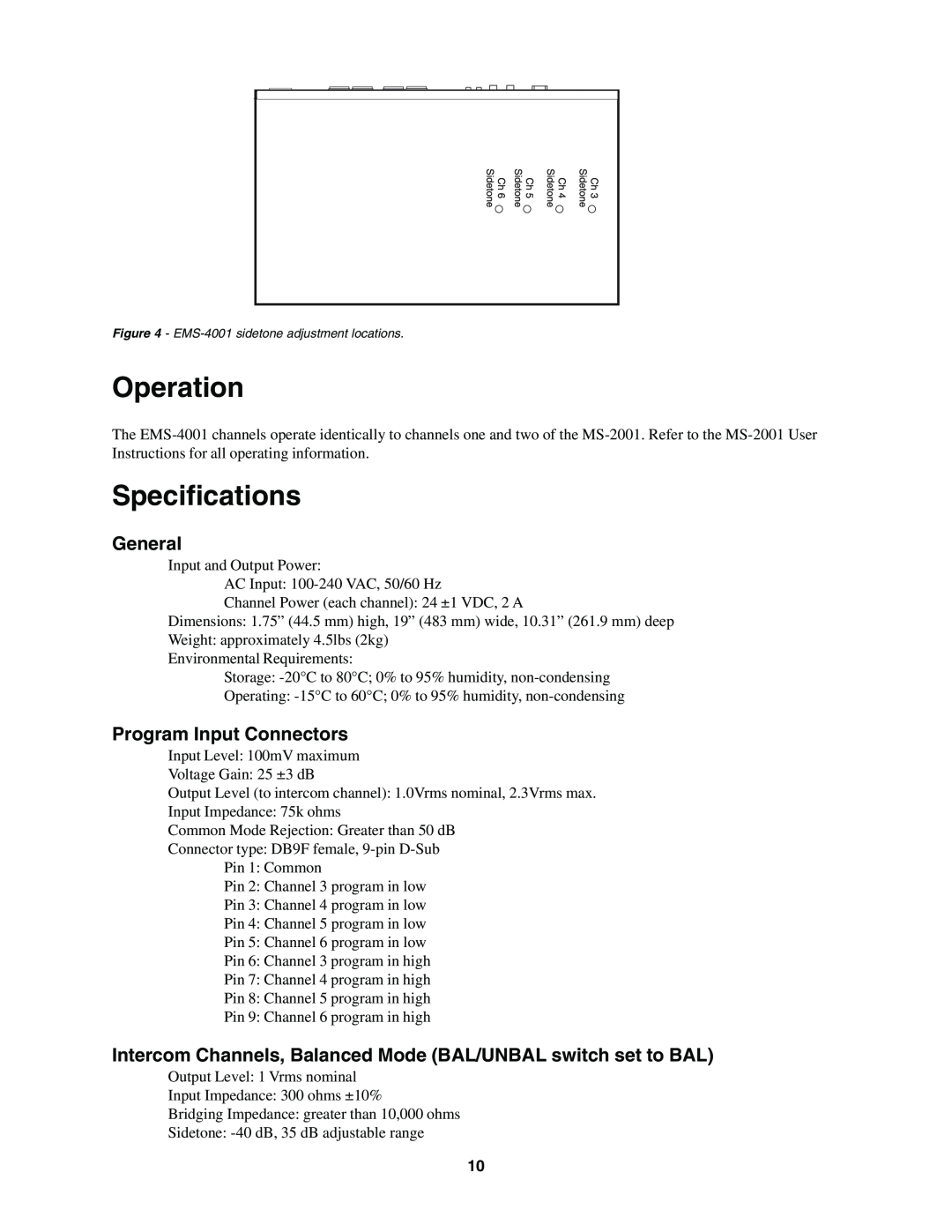 Telex EMS-4001 manual Operation, Specifications, General, Program Input Connectors 