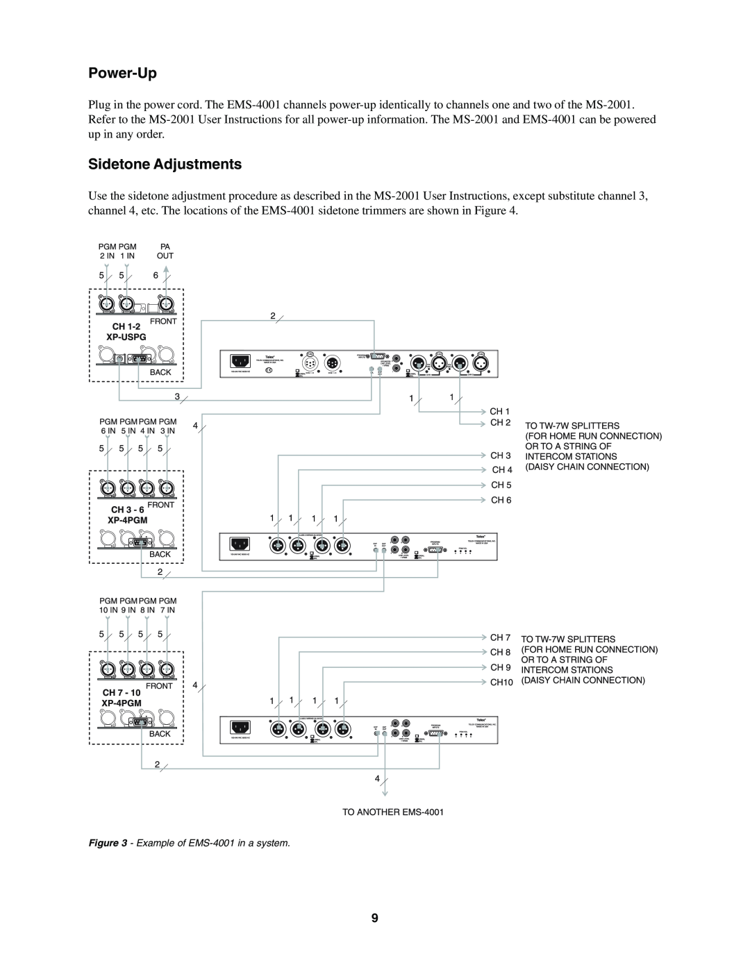 Telex manual Power-Up, Sidetone Adjustments, Example of EMS-4001in a system 