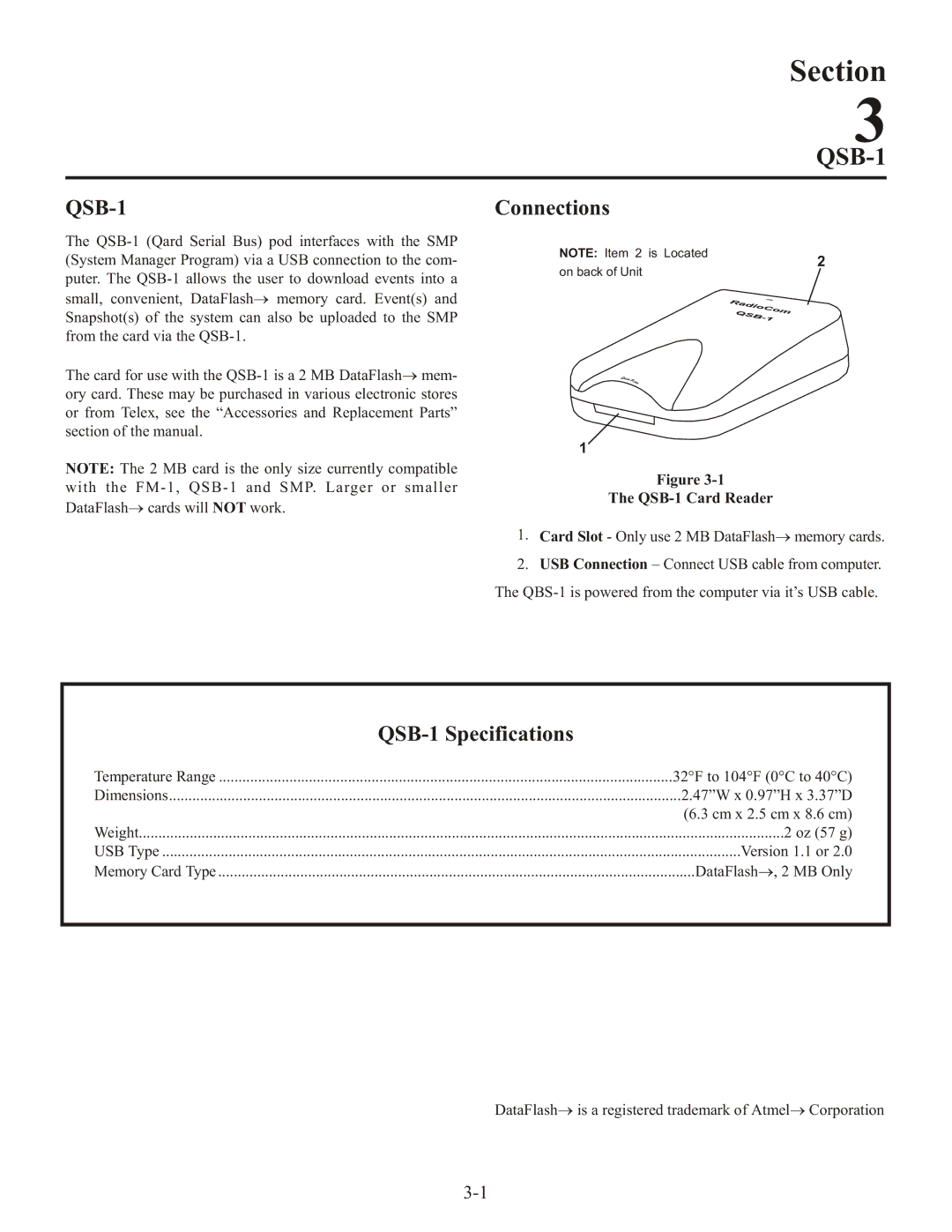 Telex FM-1, SMP operating instructions QSB-1 Specifications, QSB-1 Card Reader 