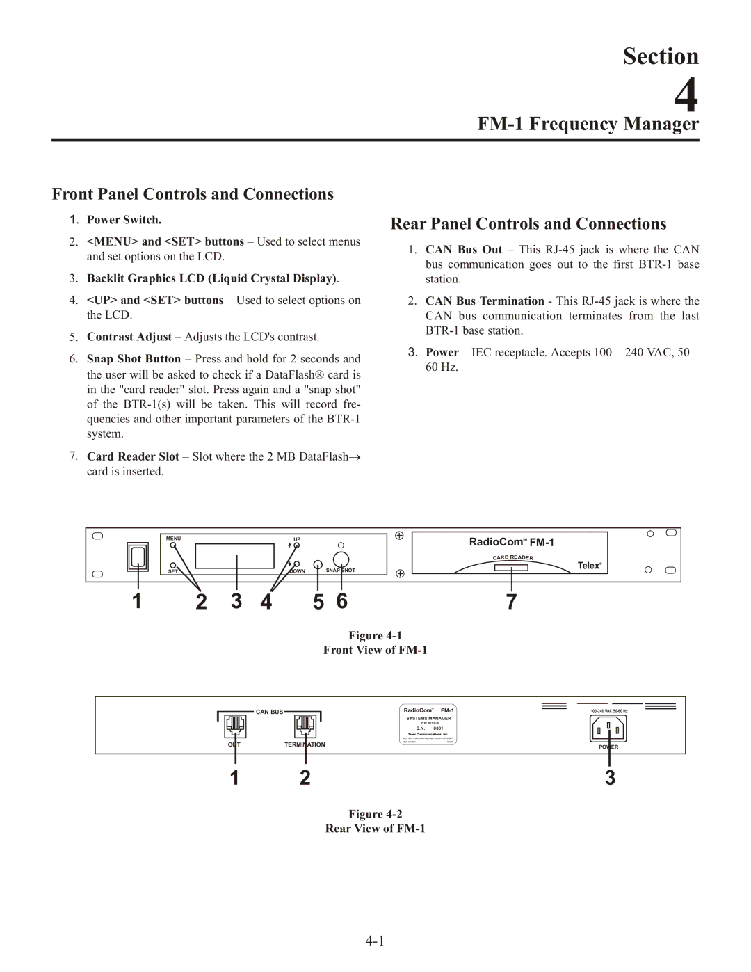 Telex SMP, QSB-1 FM-1 Frequency Manager, Front Panel Controls and Connections, Rear Panel Controls and Connections 