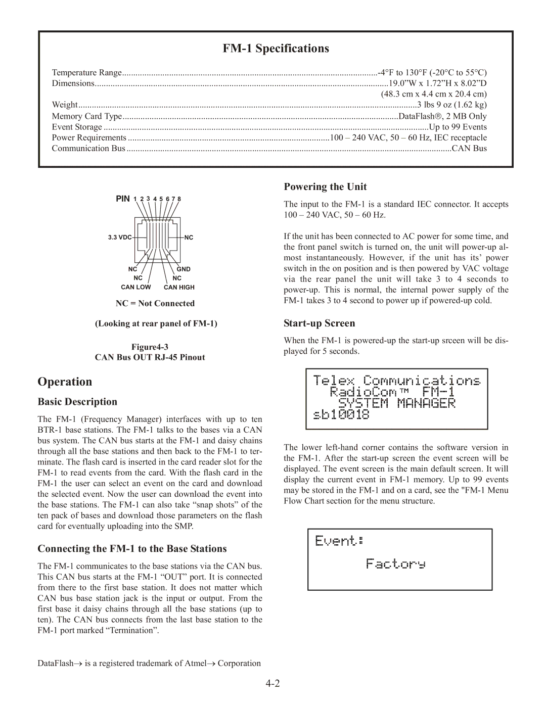 Telex QSB-1, SMP operating instructions FM-1 Specifications, Operation 