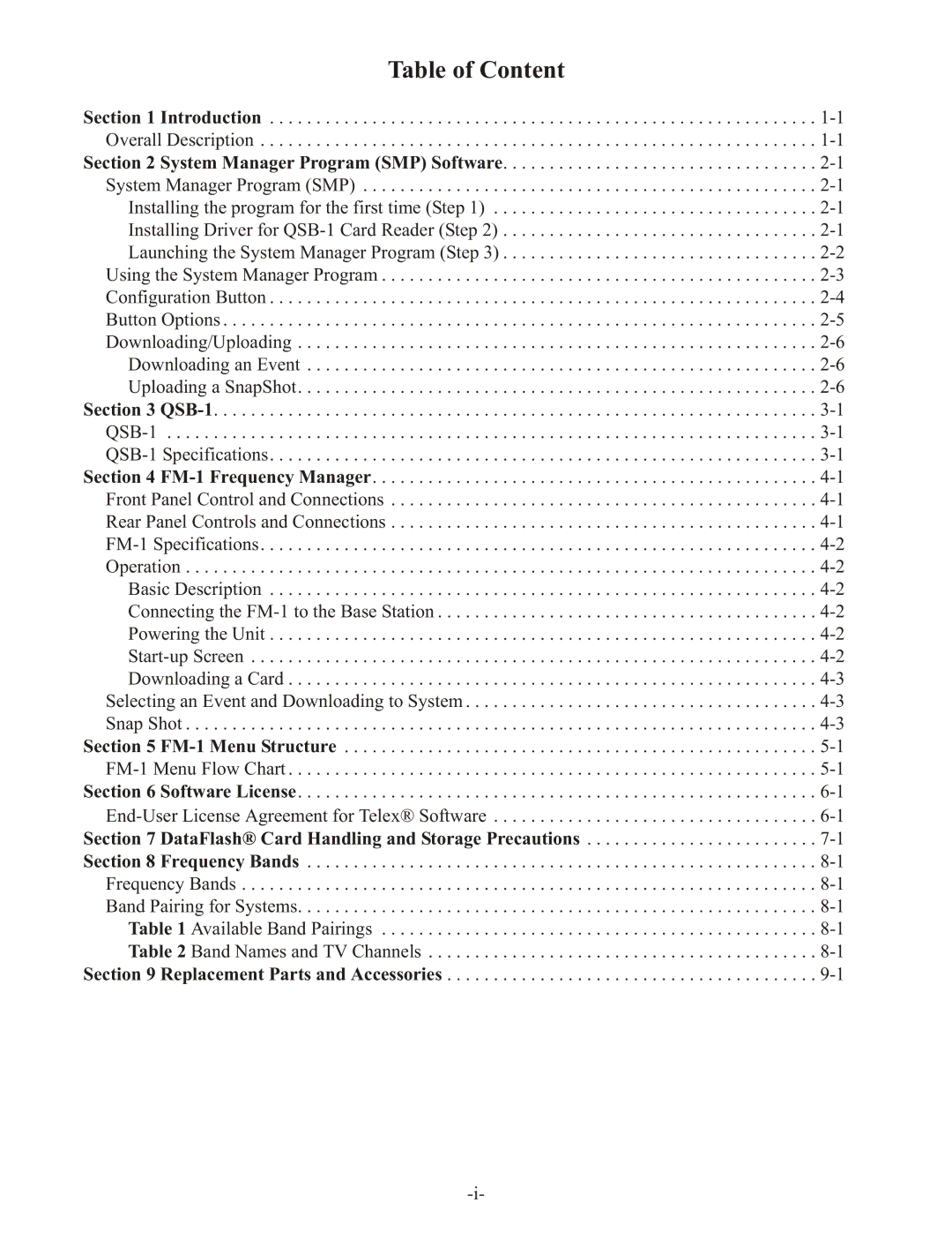 Telex SMP, FM-1, QSB-1 operating instructions Table of Content 