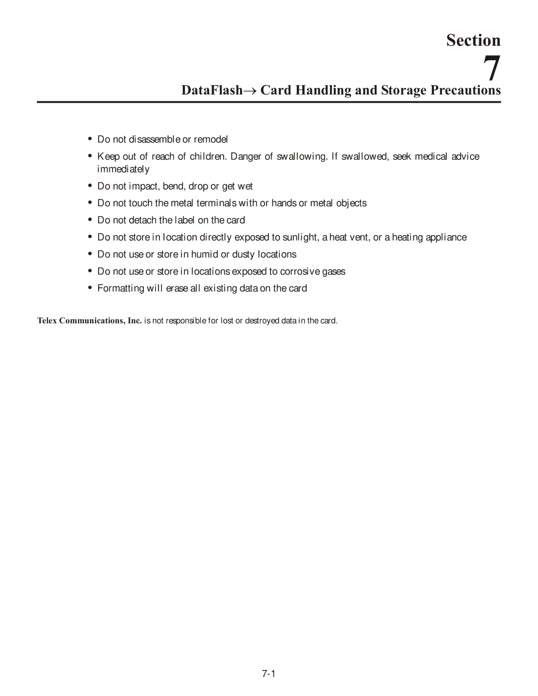 Telex QSB-1, FM-1, SMP operating instructions DataFlash→ Card Handling and Storage Precautions 