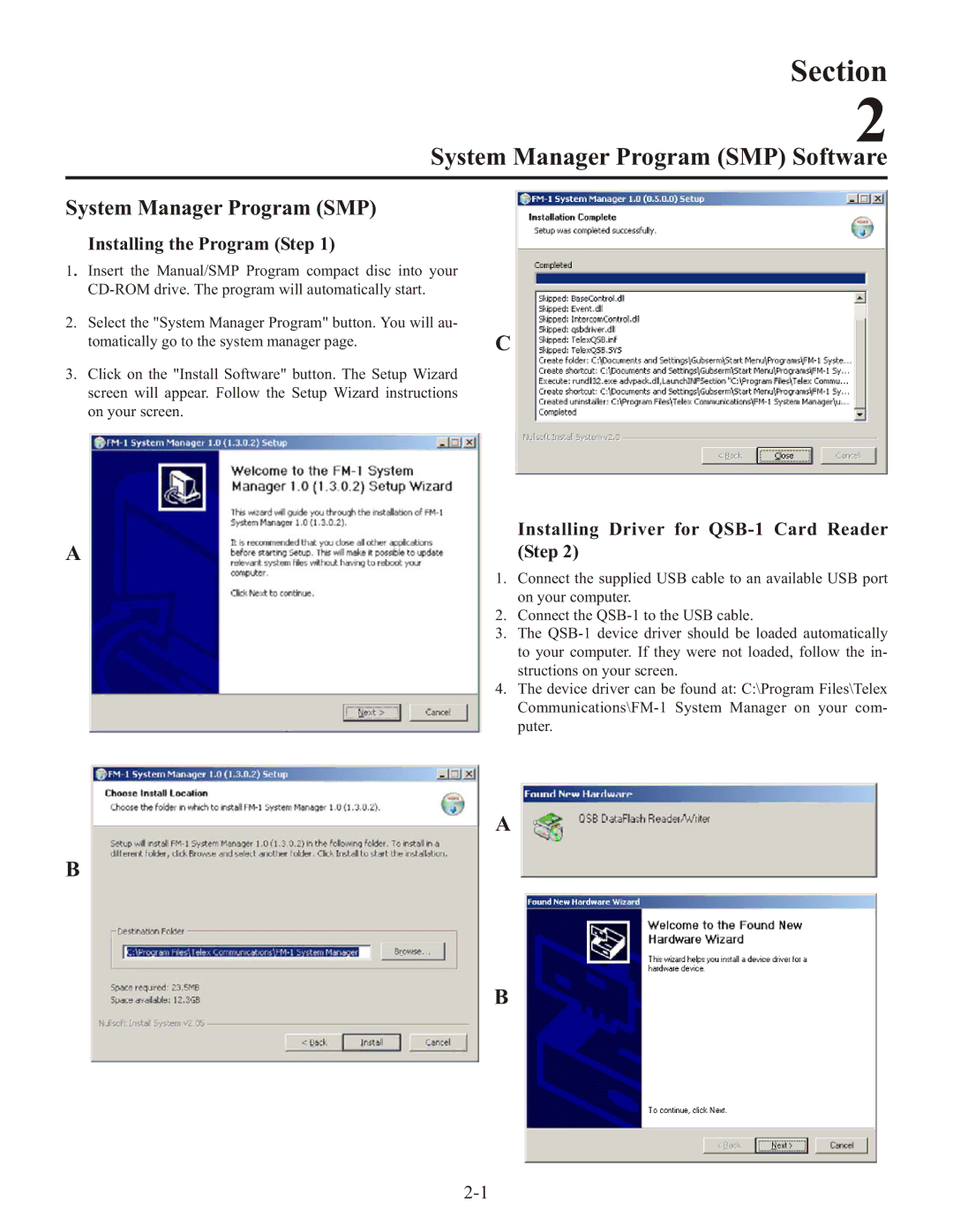 Telex FM-1 System Manager Program SMP Software, Installing the Program Step, Installing Driver for QSB-1 Card Reader Step 