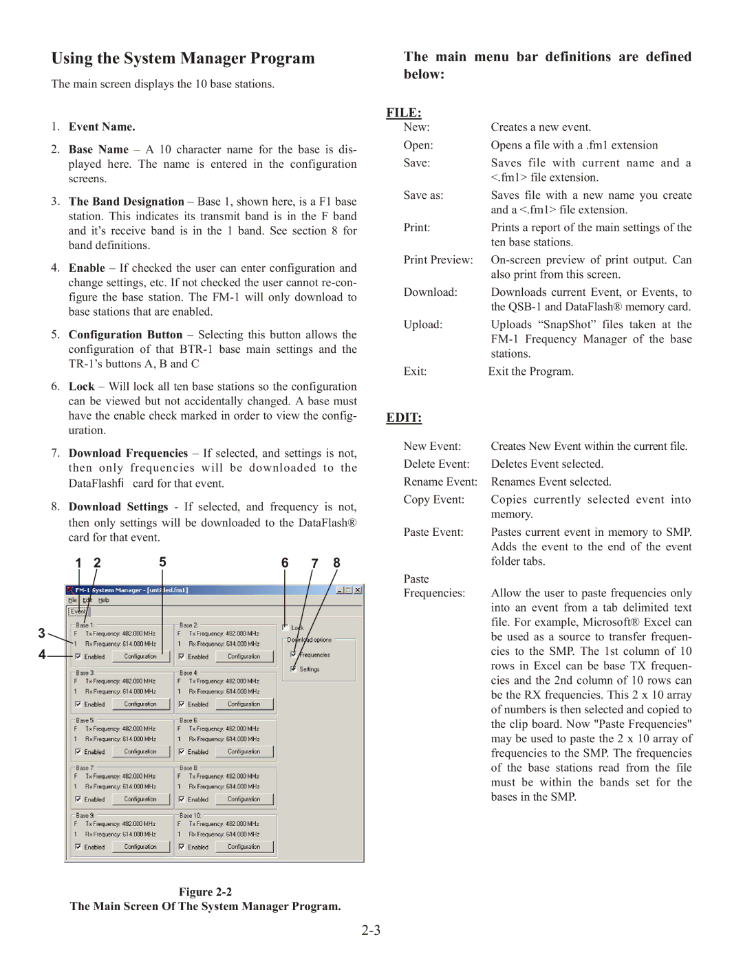 Telex SMP, FM-1, QSB-1 Using the System Manager Program, Main menu bar definitions are defined Below, Event Name 