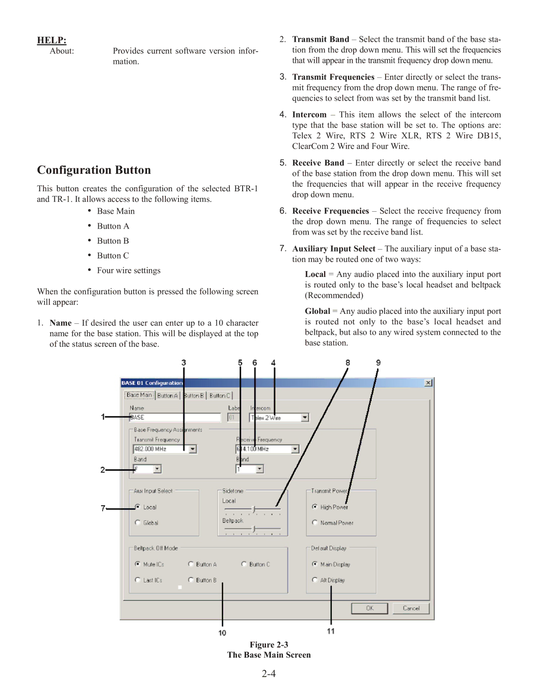 Telex FM-1, QSB-1, SMP operating instructions Configuration Button, Base Main Screen 