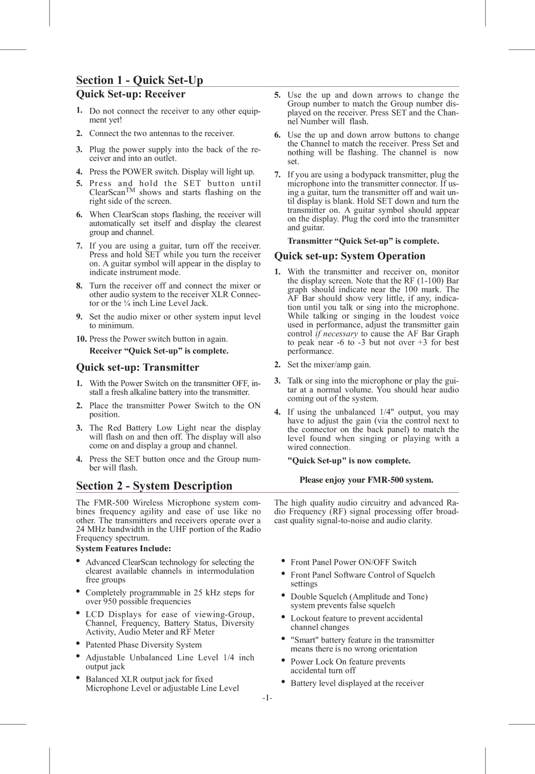 Telex FMR-500 operating instructions Quick Set-Up, System Description, Quick Set-up Receiver, Quick set-up Transmitter 