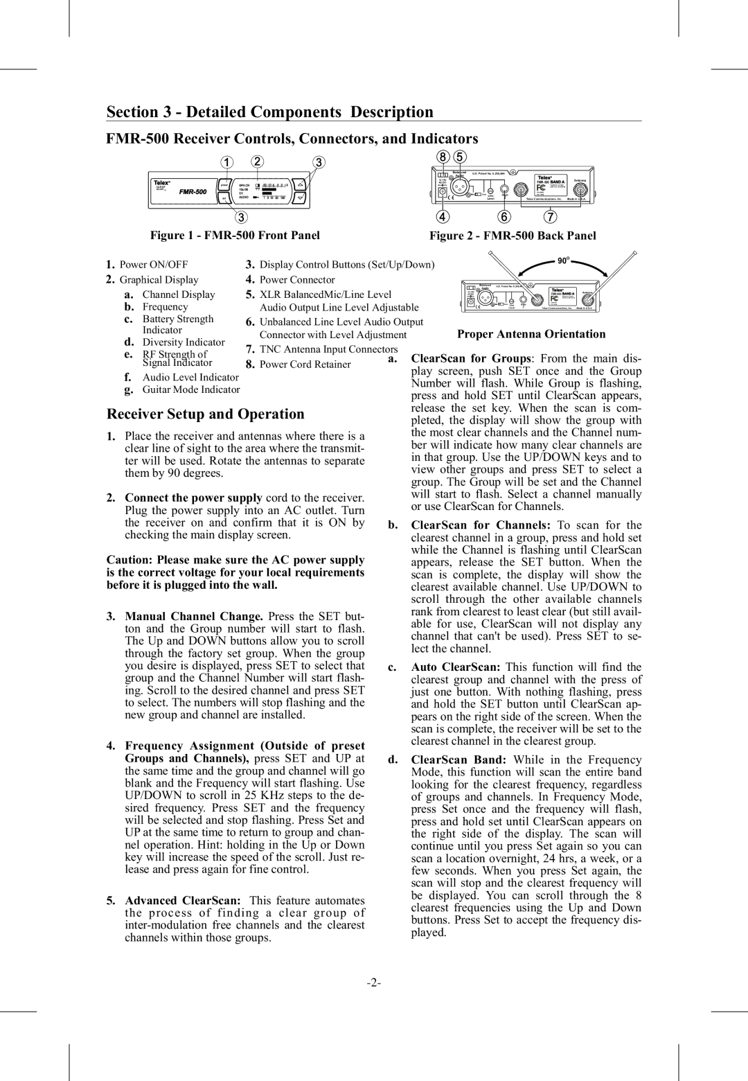 Telex operating instructions Detailed Components Description, FMR-500 Receiver Controls, Connectors, and Indicators 