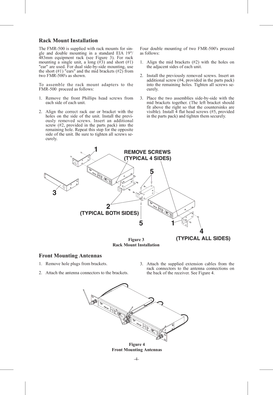 Telex FMR-500 operating instructions Rack Mount Installation, Front Mounting Antennas 