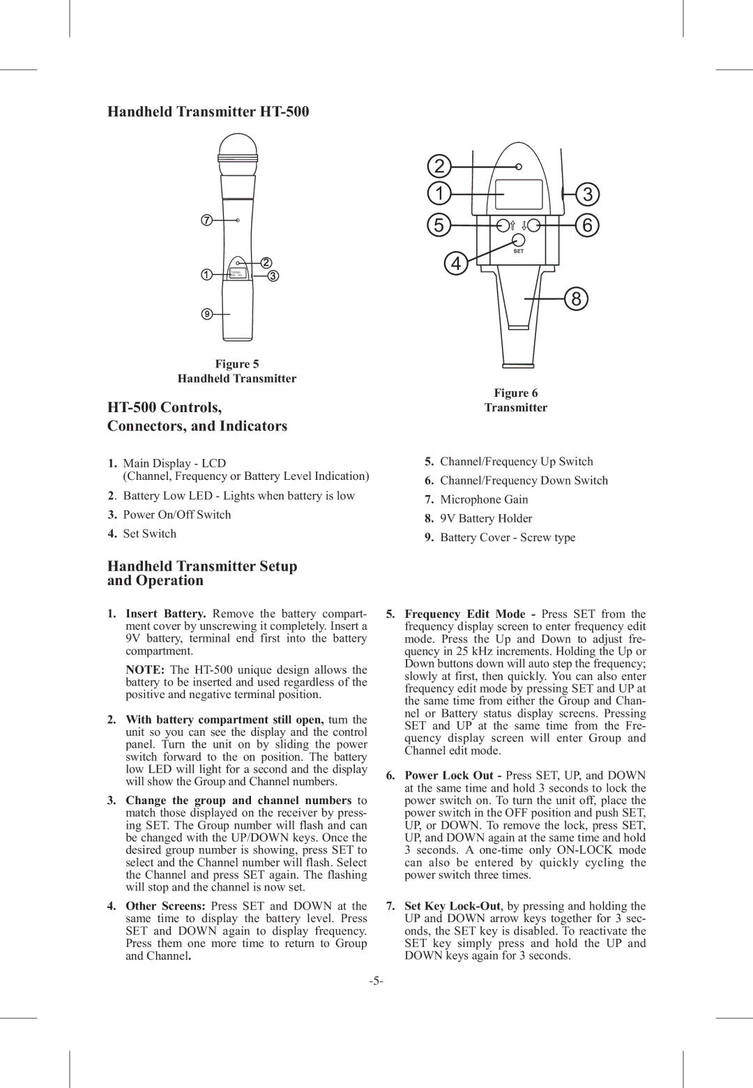 Telex FMR-500 operating instructions Handheld Transmitter HT-500, HT-500 Controls Connectors, and Indicators 