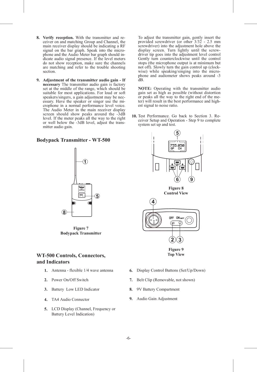 Telex FMR-500 Bodypack Transmitter WT-500, WT-500 Controls, Connectors, and Indicators, Control View Top View 