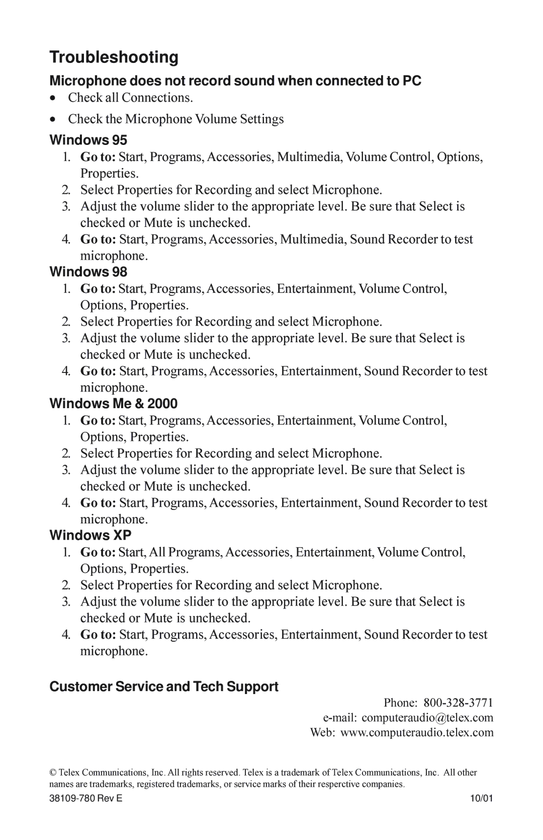 Telex M-60, H-51 Troubleshooting, Microphone does not record sound when connected to PC, Customer Service and Tech Support 