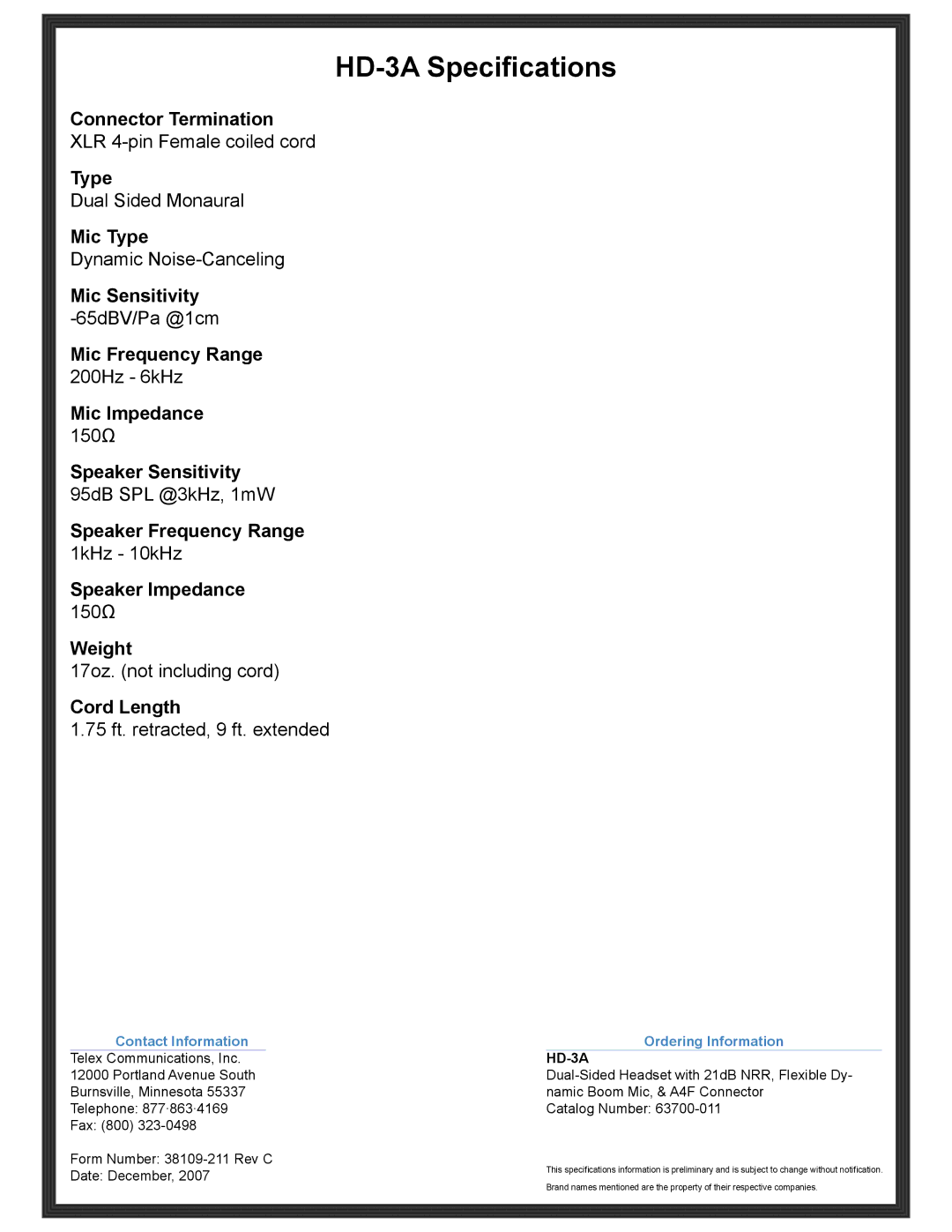 Telex manual HD-3A Specifications 