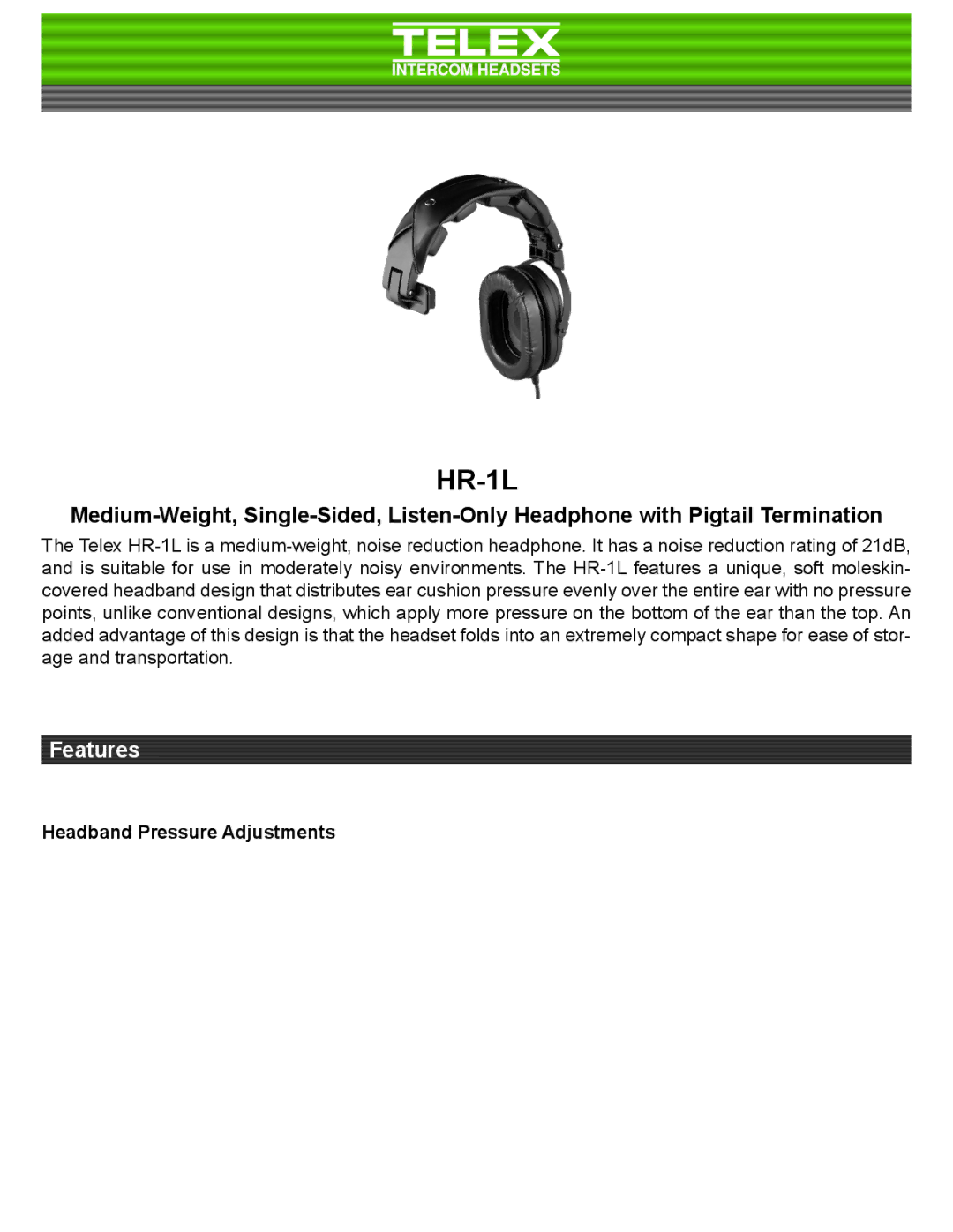 Telex HR-1L manual Headband Pressure Adjustments 