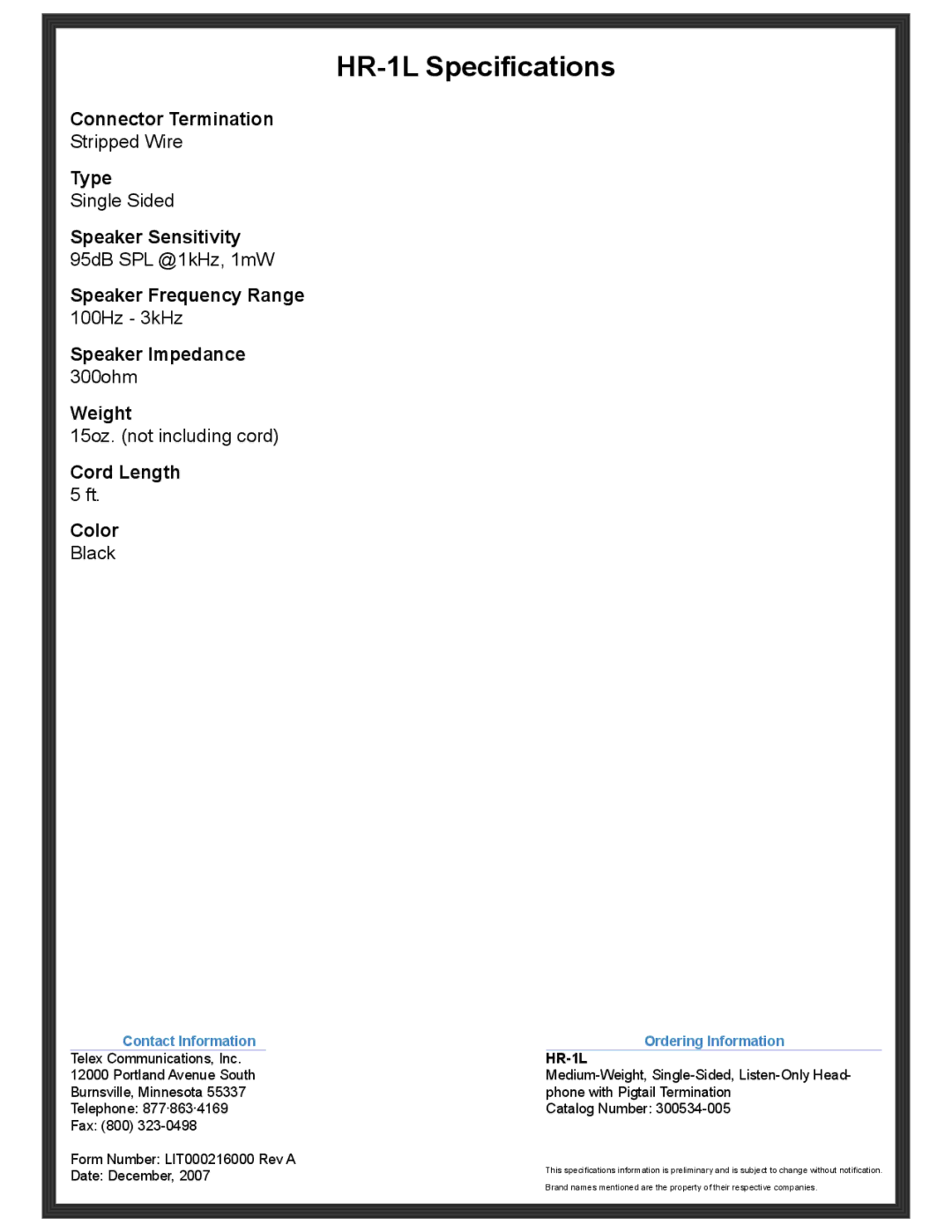 Telex manual HR-1L Specifications 