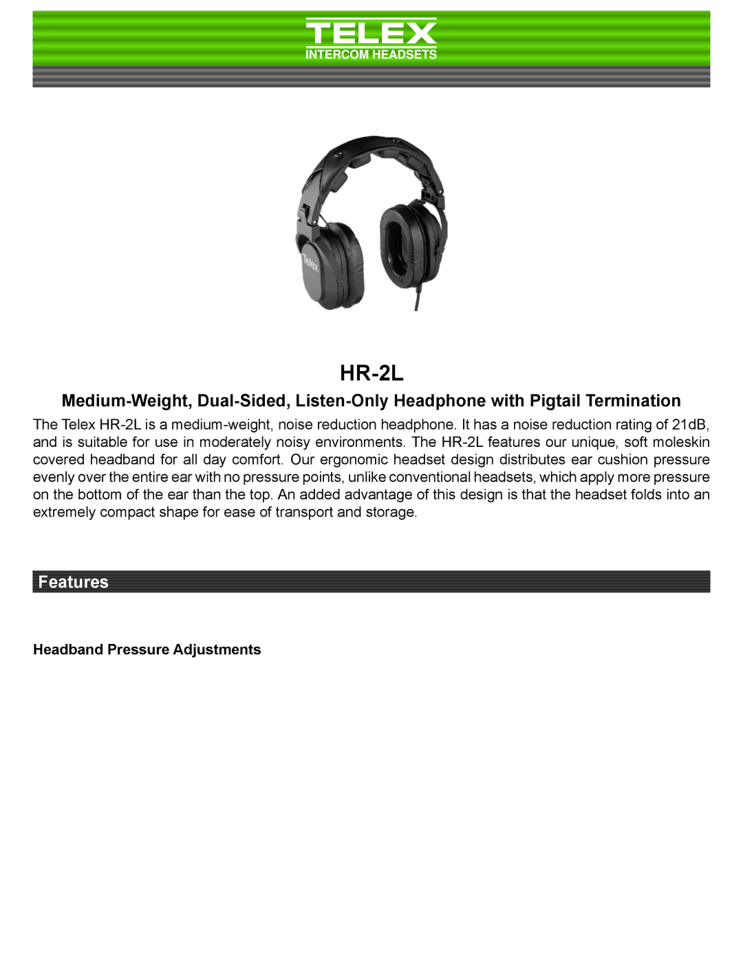 Telex HR-2L manual Headband Pressure Adjustments 